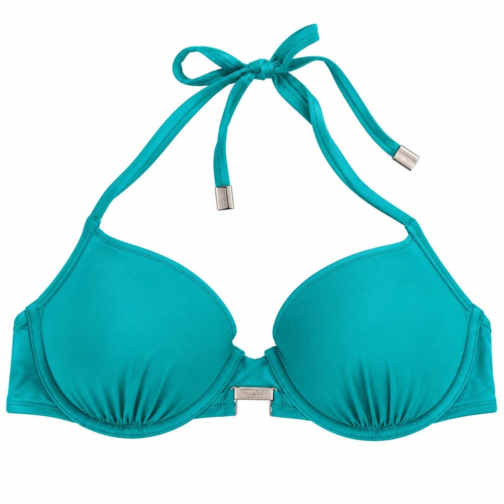 Victoria's Secret Womens 32D Teal Push Up Halter Bikini Top Underwire Swim NEW